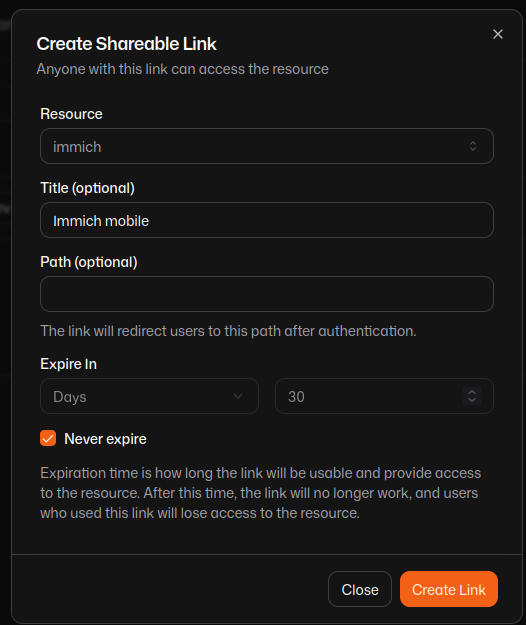 Immich create shareable link